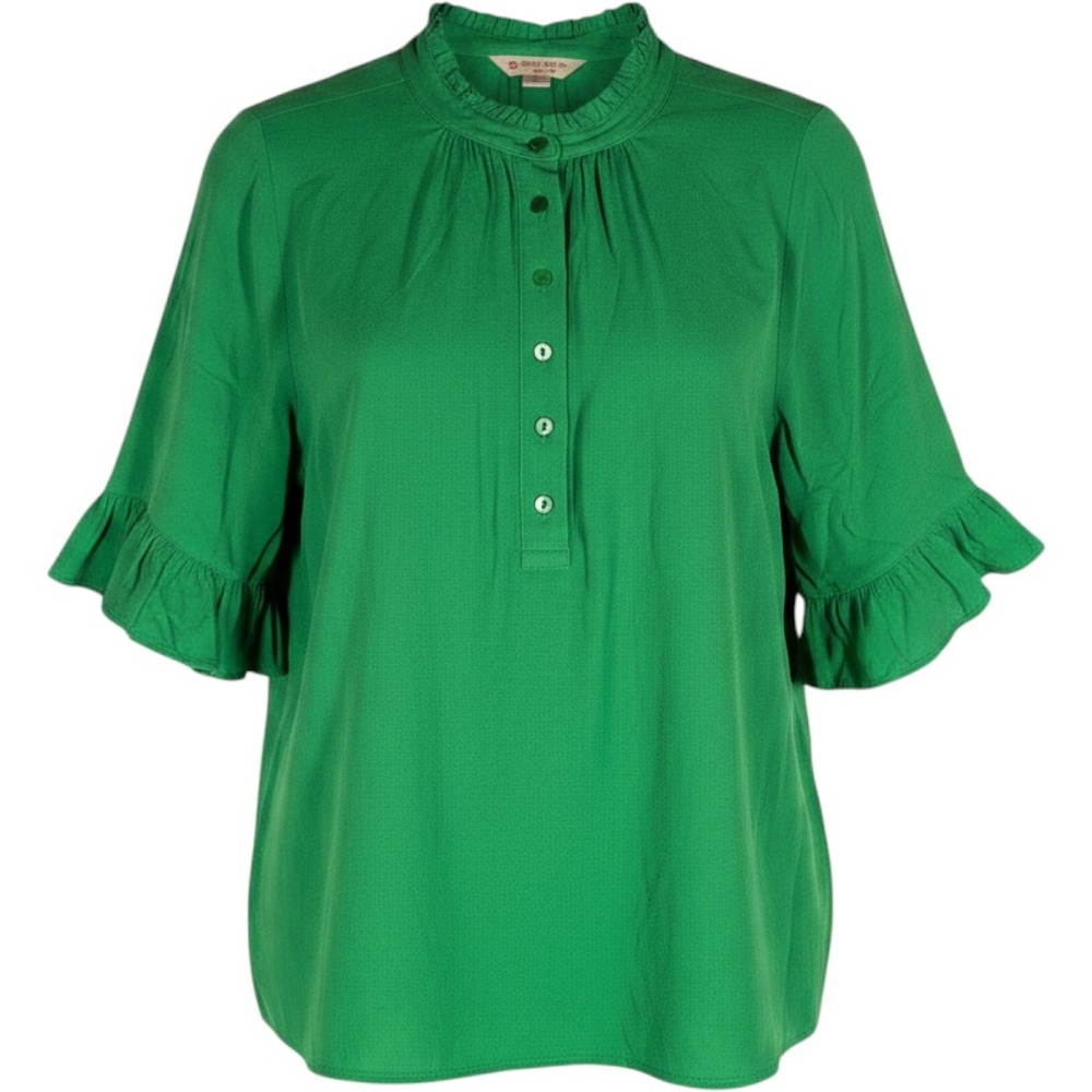 Brooks‎ Brothers Red Fleece Womens Green Ruffle Mock Neck Short Sleeve Blouse 14